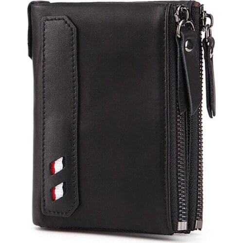 Genuine Cow Leather Men Wallets RFID Double Zipper Card Holder High Quality Male Wallets Purse Vintage Coin Holder Men Wallets