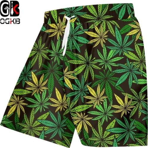 OGKB Mens Shorts Smoke Leaf Casual Men 3D Printed Male Streetwear Summer Fashion Men Beach Pants Weed Green Leaves Swimsuit