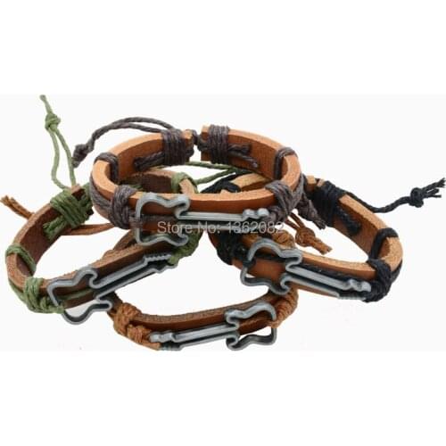 Wholesale 12pcs Men Women Alloy Guitar Charm Bracelets Hand Woven Leather Friendship Bracelets MB37