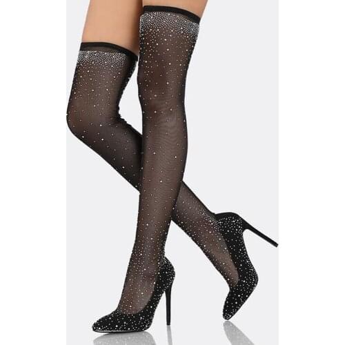 Sexy Crystal Elastic Fabric Boots Over The Knee Night Club Stiletto Heel 10 Sock Boots Pointed Toe Shiny Women Shoes Slip On