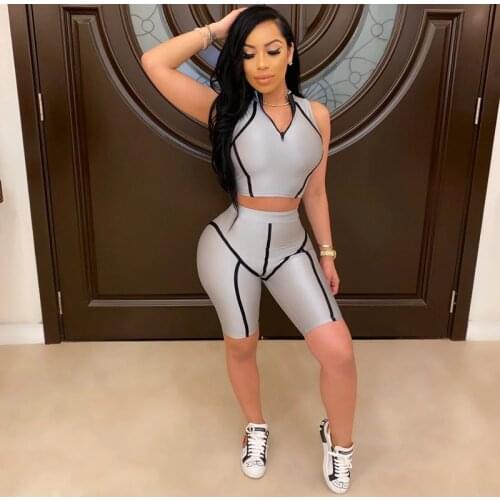 Casual Neon Color Women Two Piece Sets Fashion Reflective Active Wear Tracksuit Crop Top And Shorts Matching Set Sporty