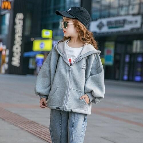 Girls Pullovers Hoodies Coat Kids Gray Letters Print Zipper Coat Spring and Autumn Loose Jacket Clothes Cardigan Pockets Tops