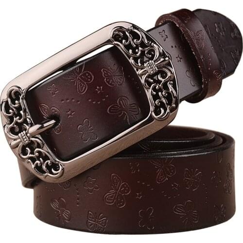 Carved Hollow Women Belt Metal Pin Buckle Genuine Leather Woman Jeans Belts Vintage Brand Design Butterfly Belt Waistband Strap