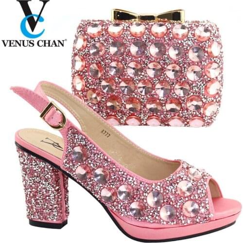 Pink Color Comfortable Platform Shoes and Bag Matching Set Shining Stones Evening Clutch Bag for Wedding and Party