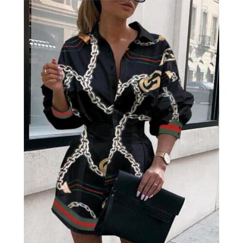 Long Sleeve Button Women Mini Dress Fashion Turn-Down Collar Office Lady Dresses Fashion Elegant Chain Print Party Female Skirts