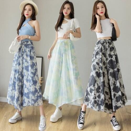 Chiffon Wide Leg Pants Skirt Women Summer Autumn High Elastic Waist Loose Elegant Ink Dyed Print Large Loose Dress For Women