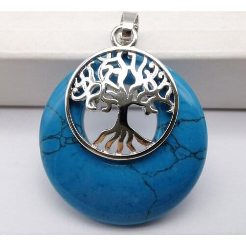 Blue Howlite Stone GEM Circle Tree of life Pendant Woman Jewelry S313