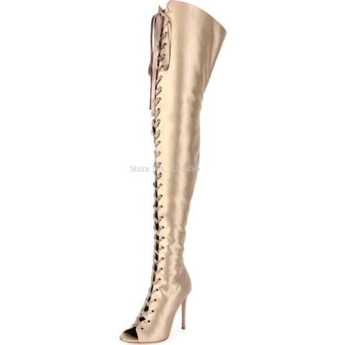 New Women Gold Color Thigh High Boots Fashion Peep Toe Lace-up Stiletto Heel Over the Knee Long Boots Lady Large Size Party Boot