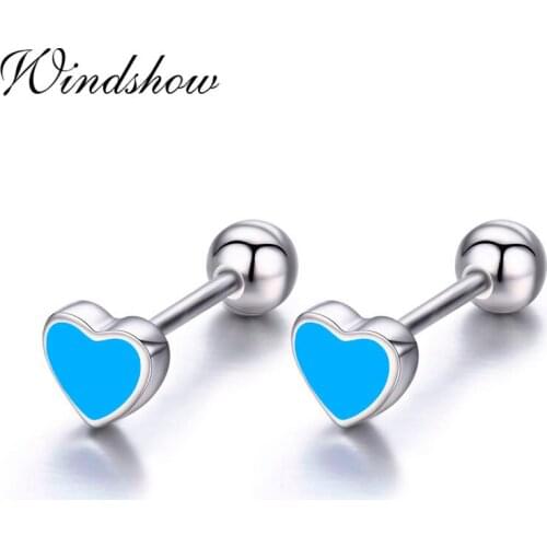 Cute Sky Blue Peach Love Heart 925 Sterling Silver Screw Back Stud Earrings For Women Girls Kids Jewelry Orecchini Aros Aretes