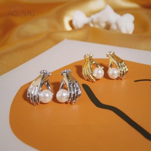 AOMU 2020 New S925 Trendy Humanity Hand Grip Pearl Golden Silver Color Metal Two Wear Methods Stud Earrings for Women Jewelry