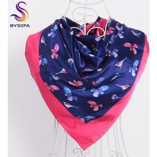 [BYSIFA] Satin Silk Scarves Ladies Navy Blue Bird Pattern Satin Scarf Spring Autumn Female Large Square Scarves Wraps Cachecois