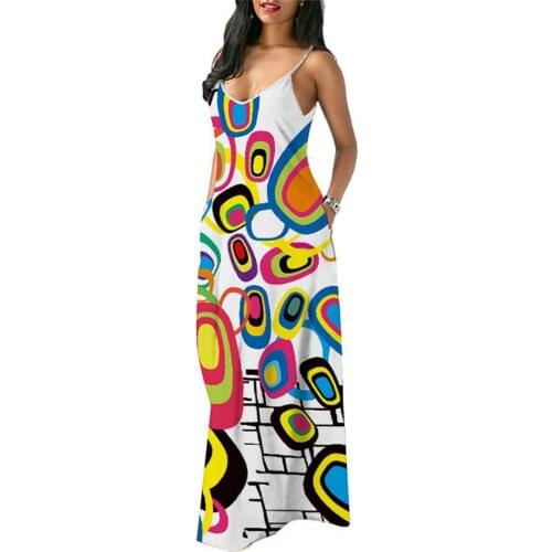 2021 Summer Women Elegant Spaghetti Strap Printing V-neck Pockets Loose Maxi Dress Sundress Beach