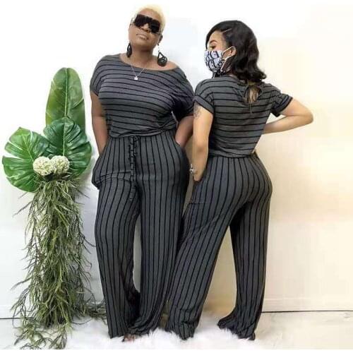 Female Plus Size Jumpsuit Striped Printed Knitted Stretch Style Combinations Summer Women Short Sleeve Elegant Overalls Kilou