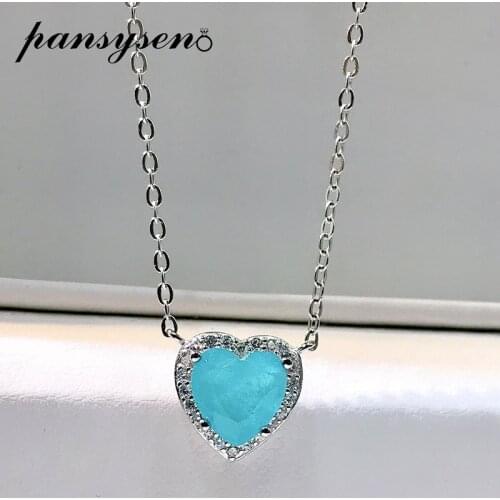 PANSYSEN Real 925 Sterling Silver Heart Paraiba Tourmaline Chain Pendant Necklaces for Women Fine Jewelry Party Gift Wholesale