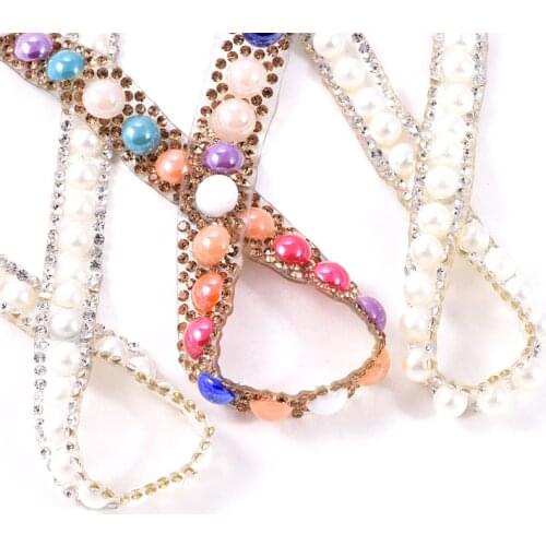 1 Yard Pearls Hot Fix Rhinestones Trimming Colorful Round Beads Mesh Hot Fix Strass Banding Applique for DIY Wedding Dress B1229