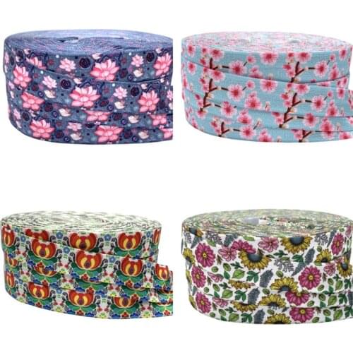 10Yards 16mm Plum blossom Lotus Print Flowers Fold oever Elastic bands for Handmade Craft headband Hair ties Hair Accessory