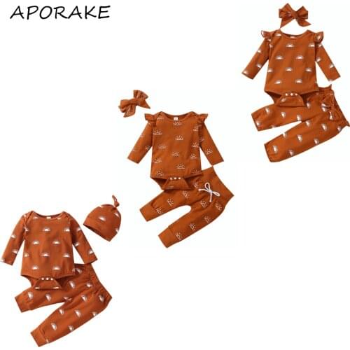 2021 0-18M Newborn Baby Sun Print Clothing Outfits Toddler Long Sleeve Romper+Trousers+Knotted Cap/Headband Boys Girls Fall 3pcs