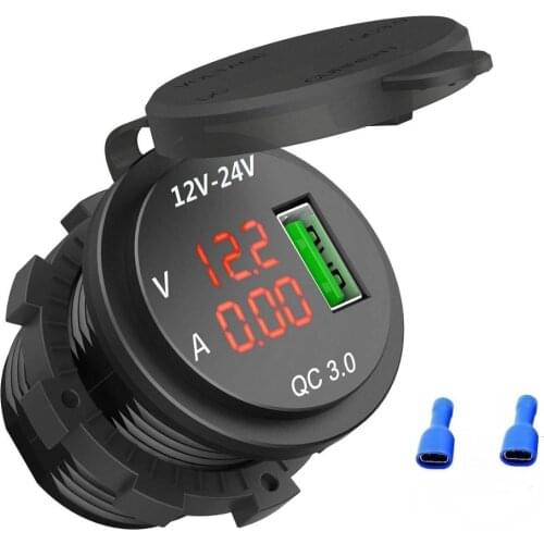 3 in 1 car Quick Charge 3.0 USB Charger Socket 18W 12V/24V QC3.0 Car Power Outlet with LED Voltage/Current Display for MarinBoat