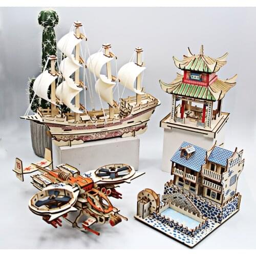 3D Stereoscopic Wooden Jigsaw Puzzle Toys Cutting DIY Handmade Tank Building Fighter Assembly Model Kits Desk Decoration Toys