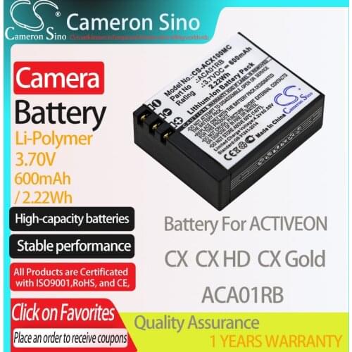 CameronSino Battery for ACTIVEON CX CX HD CX Gold fits ACTIVEON ACA01RB camera battery 600mAh/2.22Wh 3.70V Li-Polymer Black