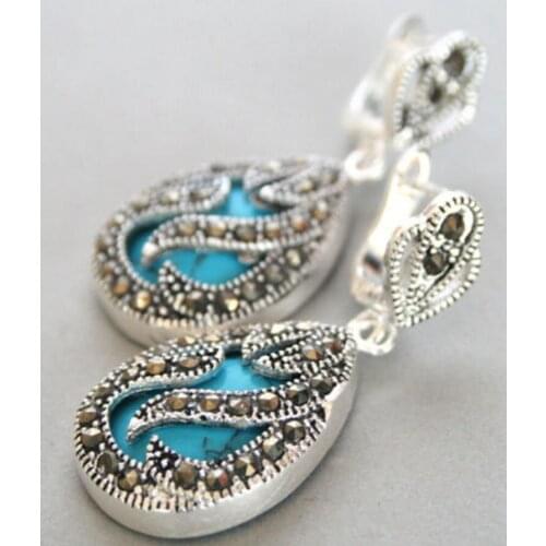 Free Shipping 11/2" fashionable jewelry 925 Silver & Marcasite inlay blue Natural Turquoise Waterdrop Earrings