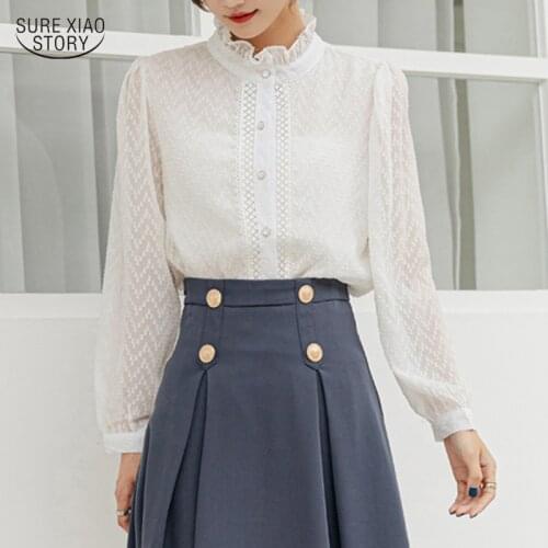 Stand-up Collar Lace Bottoming Shirts Autumn Long-sleeved Solid Hollow Women Blouses Lace Casual Fashion Blouse Woman Tops 16336