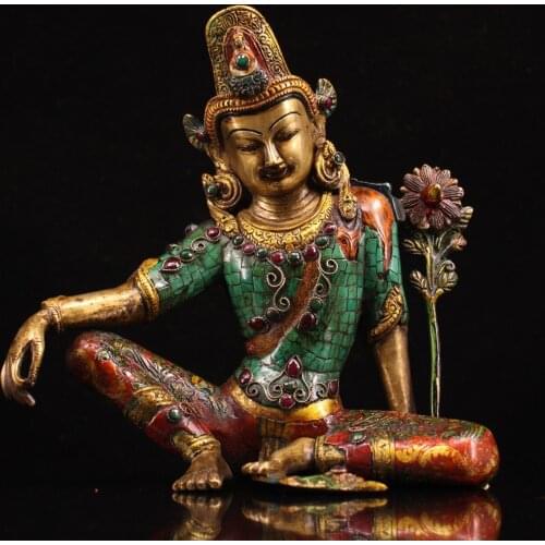 11"Tibet Buddhism Old Bronze Gem Painted Green Tara Guanyin Bodhisattva Sitting Buddha Enshrine the Buddha