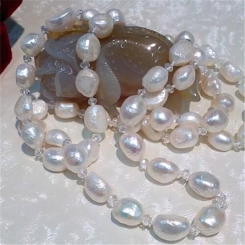 Long 160 cm 9-10 mm white abnormity baroque irregular natural freshwate + crystal glass necklace