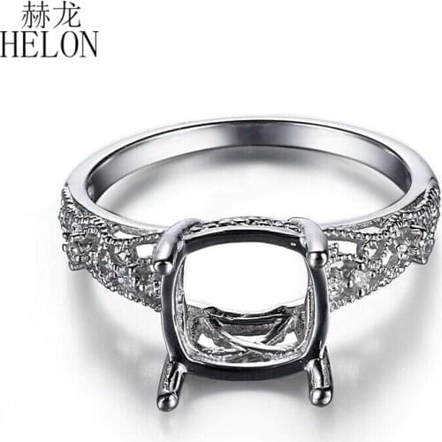 HELON Sterling Silver 925 Women Fine Jewelry Engagement Wedding Diamonds Ring Cushion 9x9mm Semi Mount Ring Setting