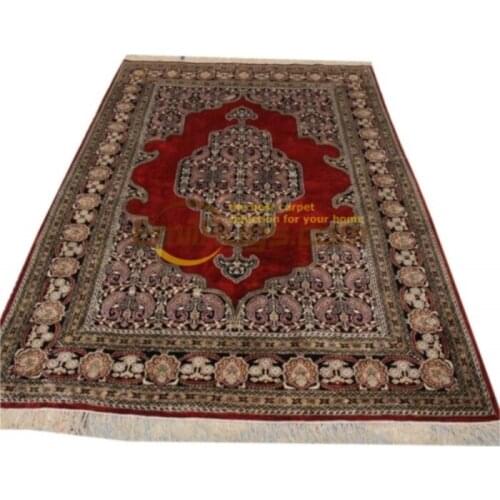 Red Persian Design Hand Knotted Living Room Turkish Silk Area Rug Carpet