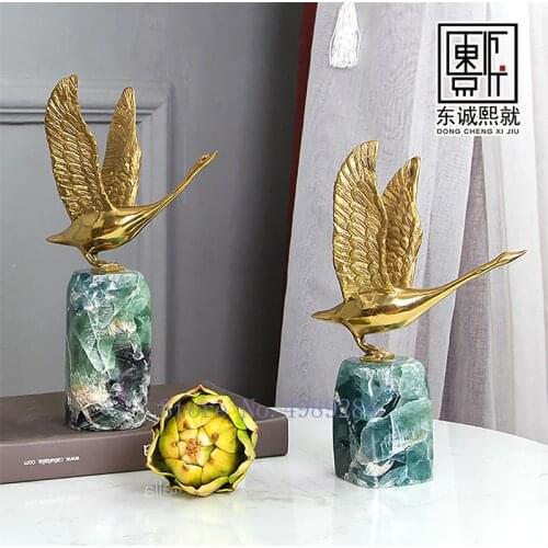 Creativity Brass Natural Crystal Fluorite Golden Swan Marbling Handicraft Furnishings Simulation Animal Modern Home Decoration