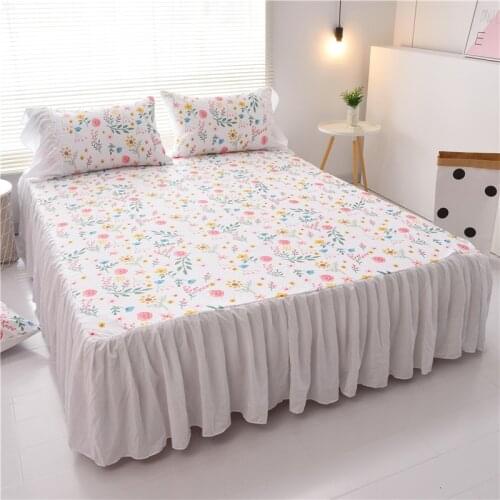 Cilected Cotton Small Fresh Printed Bed Skirt Ins Style Single Layer Lace Bedspread Bed Cover Non-Slip Bed Sheet Home Decor