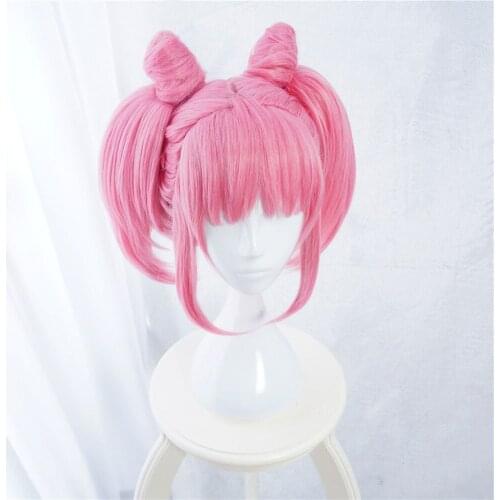 New Chibiusa Cosplay Wigs High-temperature Fiber Synthetic Hair Pink Short Hair with Two Ponytails + free wig cap