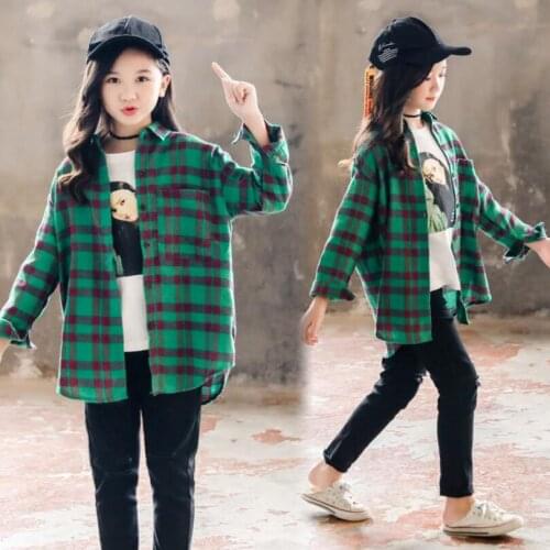 Girls autumn blouses 4-15T kids green plaid shirt cotton shirt for baby girls turn down-collar shirt children spring outwear