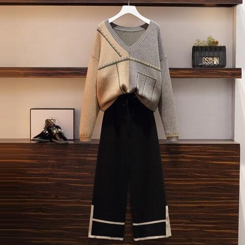 Plus size womens top&pants set 2021 autumn winter new slim sweater wide leg pants two-piece suit year-old female costume