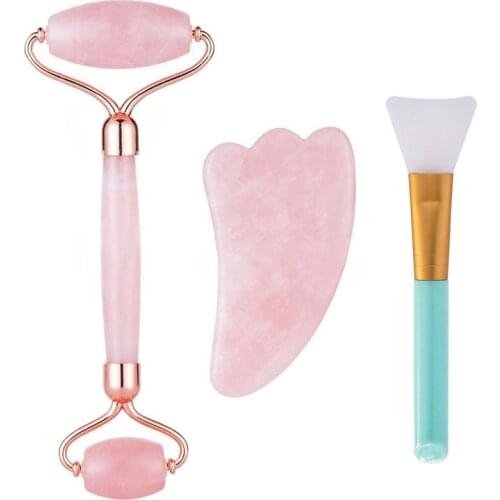 Rose Quartz Powder Crystal Jade Roller Massage Spa Natural Pink Handmade Gua Sha Stone Facial Beauty Device Face Skin Care Tool
