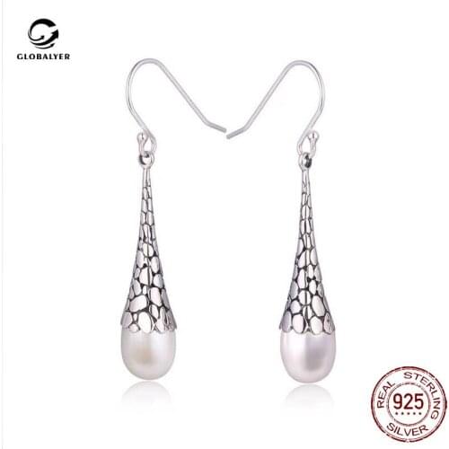 S925 sterling silver retro inlaid natural pearl earrings Ladies temperament versatile earrings Ladies birthday gifts 362