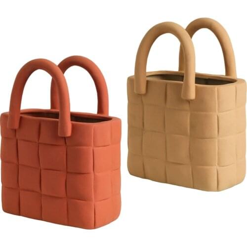 Nordic Creative Hand Bag Ceramic Vase Flower Basket Living Room Flower Arrangement Home Decor Accessories Art Sculpture