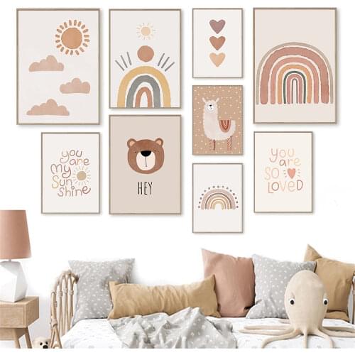 Sun Clouds Rainbow Nursery Print Heart Quotes Wall Art Paintings Bear Alpaca Canvas Poster Boho Wall Pictures Baby Room Decor