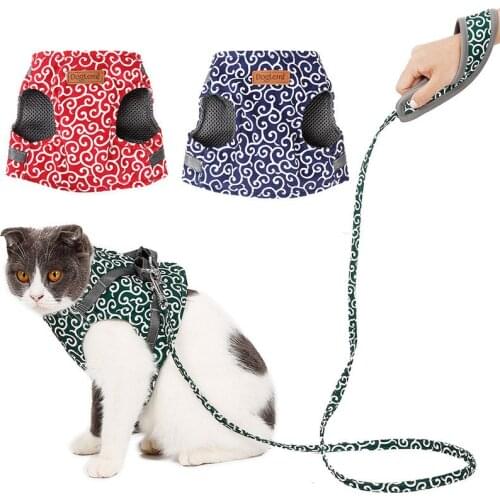 Japanese Mesh Nylon Pet Cat Harness And Leash Set Polyester Canvas Adjustable Cat Harness Vest Leash Rope Tang Grass Pattern