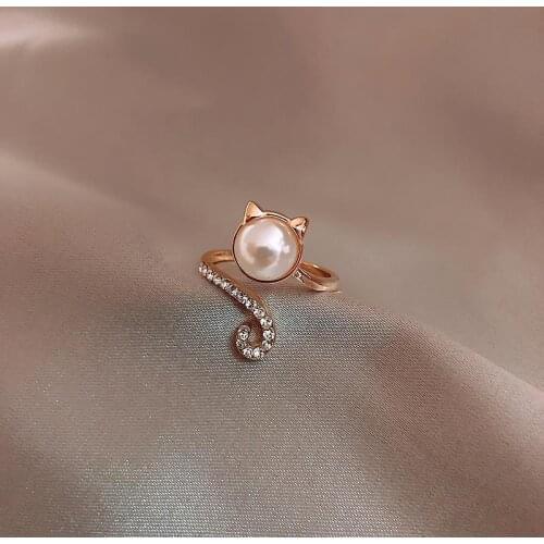 Ladies simple wild cat pearl ring girl ring fashion temperament sweet wild love open ring female jewelry