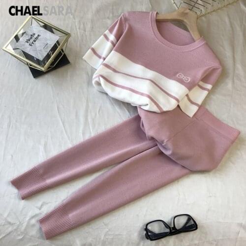 Knitted Two Piece Set Tracksuit Women Short Sleeve Sweater Top+Pant Sweat Suits 2 Piece Outfits