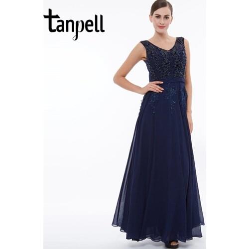 Tanpell long v neck evening dress dark navy sleeveless appliques beaded a line dresses women graduation prom formal evening gown