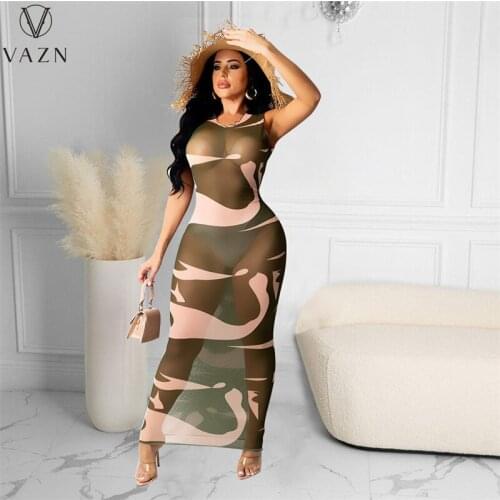 VAZN 2021 Autumn Open See Through Lace Patchwork Long Dress Round Neck Tank Sleeve Soft High Waist Young Vestidos For Female