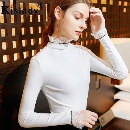 2020 Spring Summer Fall Womens Long Sleeve Gothic Shirt Sexy Lace Patchwork Blouses OL Plus Size Turtleneck Korean Clothes