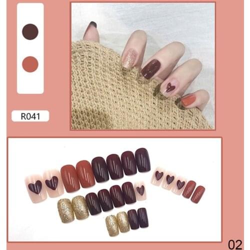 24Pcs/Set Glitter Heart Pattern Design False Nail French Stiletto Full Cover Fake Nails Glue DIY Manicure Nail Art Tools