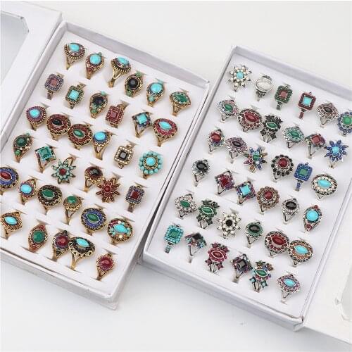 36pcs/lot Bohemia Vintage Geometry Gold Silver Plated Metal Rings For Women Mix Style Fashion Jewelry Party Gifts With Box