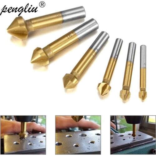 6pcs Round shank 3 Flute 90 Degree Chamfer Cutter End Mill Tool Counter sink Woodworking Drill Bit Set 6.3-20.5MM