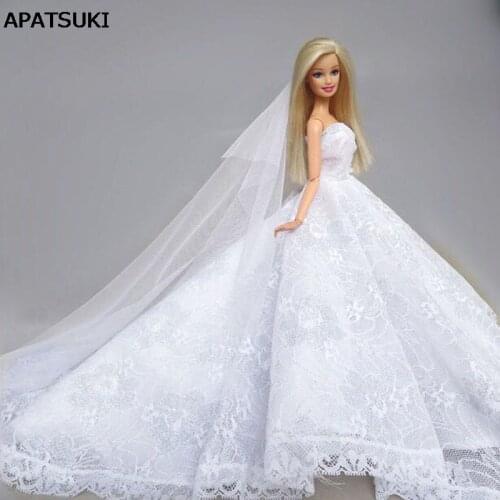Pure White Lace Doll Clothes Wedding Dress For Barbie Dolls Clothes High Quality Outfits For 1/6 BJD Doll House Doll Accessories