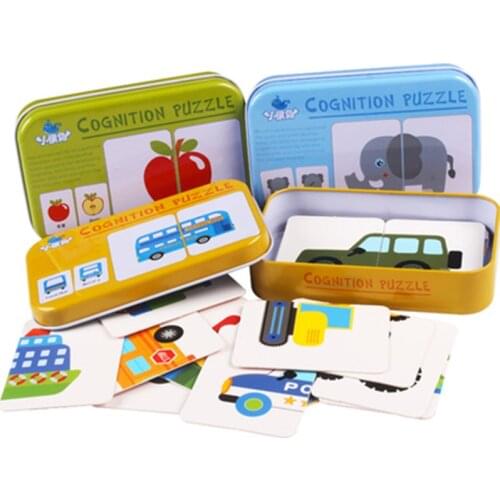 Wooden 3D Puzzle Jigsaw Baby Learning Cards Matching Game Toys Iron Box Preschool Puzzles Intelligence Children Educational Toy